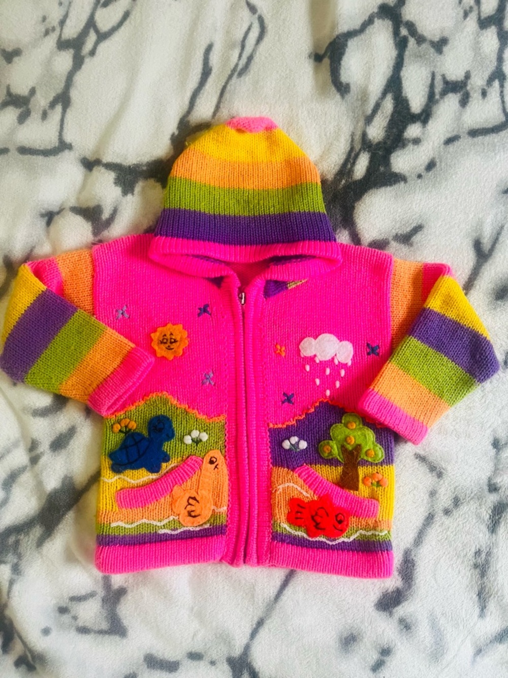 Peruvian Wool Kid’s Handmade Knitted ZipUp Hooded Sweater- Size 3T-4T (Girls)